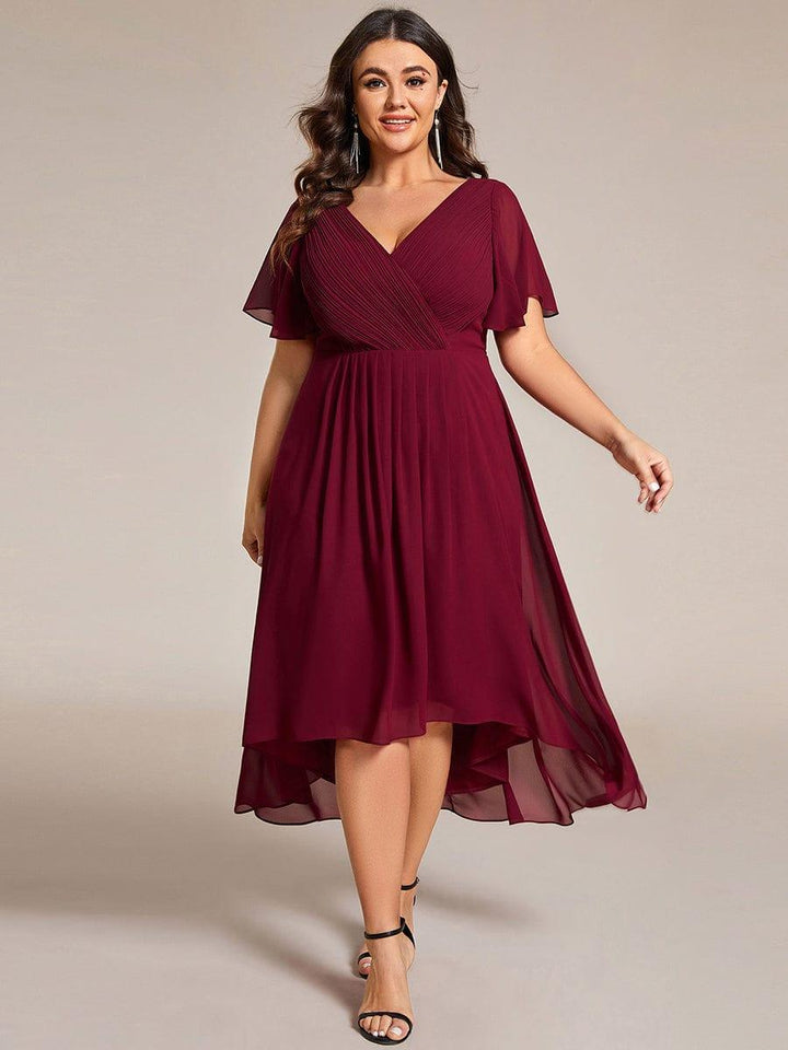 Elegantes Anthrazit Damen Festkleid, Vokuhila Midi-Länge, A-Linie, Kurzarm; ideal als Brautjungfernkleid.