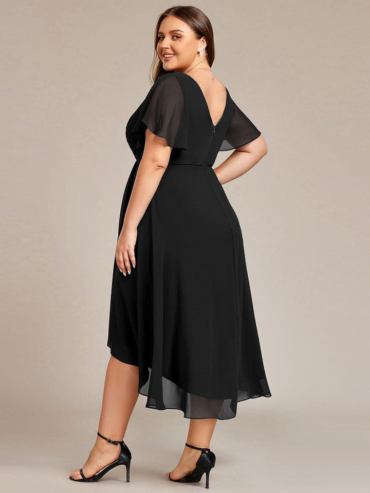 Elegantes Dunkelblaues Damen Festkleid, Vokuhila Midi-Länge, A-Linie, Kurzarm; ideal als Brautjungfernkleid.