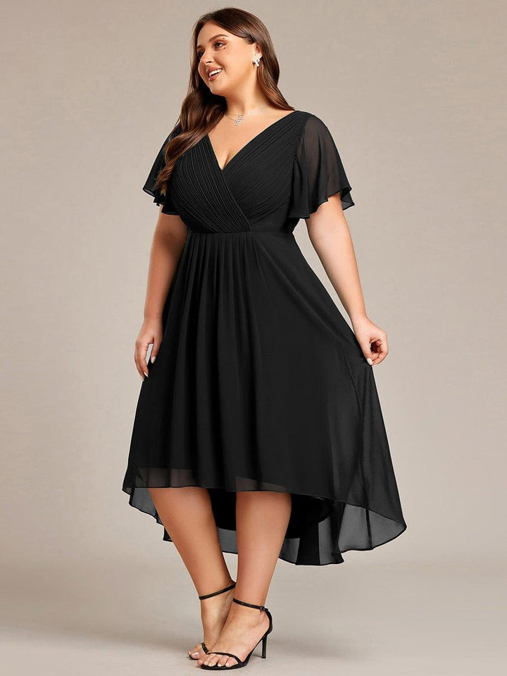 Elegantes Weinrotes Damen Festkleid, Vokuhila Midi-Länge, A-Linie, Kurzarm; ideal als Brautjungfernkleid.