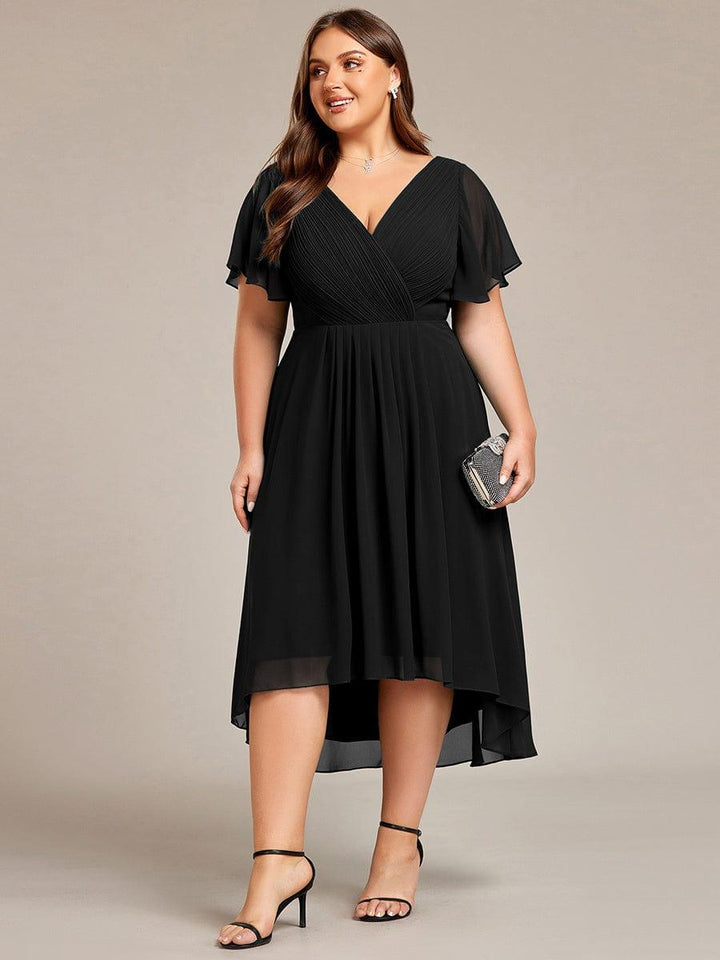 Elegantes Royalblaues Damen Festkleid, Vokuhila Midi-Länge, A-Linie, Kurzarm; ideal als Brautjungfernkleid.