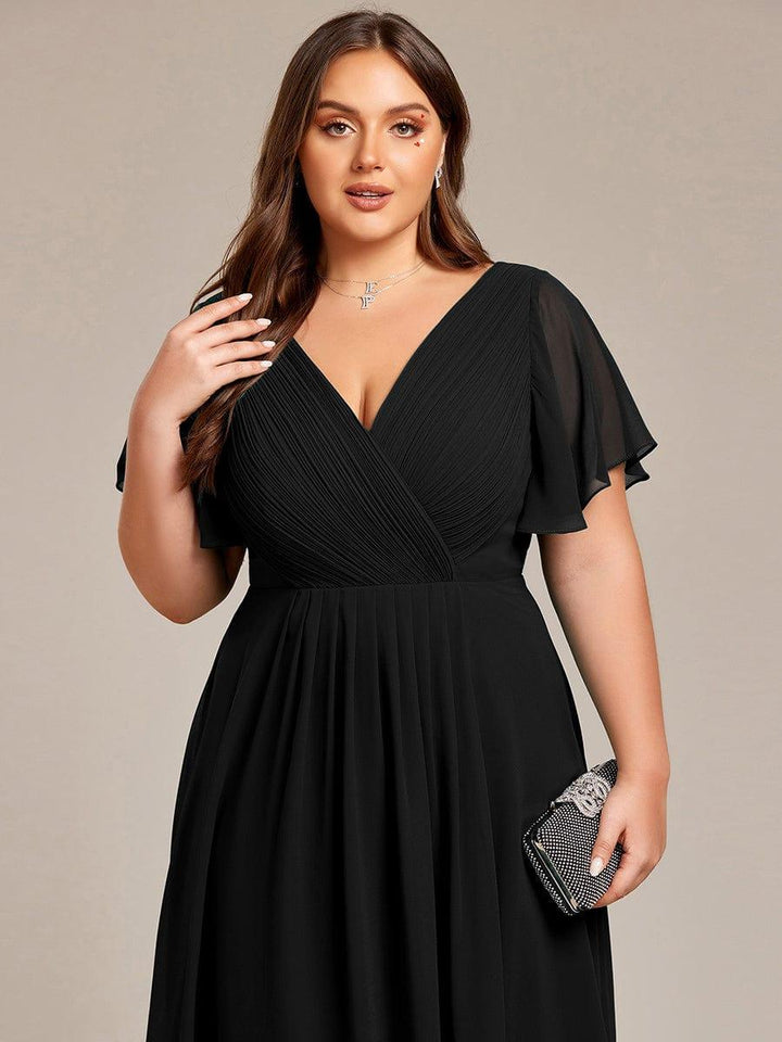 Elegantes Smaragdgrünes Damen Festkleid, Vokuhila Midi-Länge, A-Linie, Kurzarm; ideal als Brautjungfernkleid.