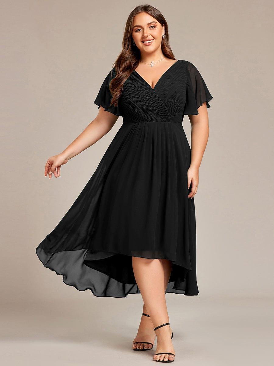 Elegantes Schwarzes Damen Festkleid, Vokuhila Midi-Länge, A-Linie, Kurzarm; ideal als Brautjungfernkleid.