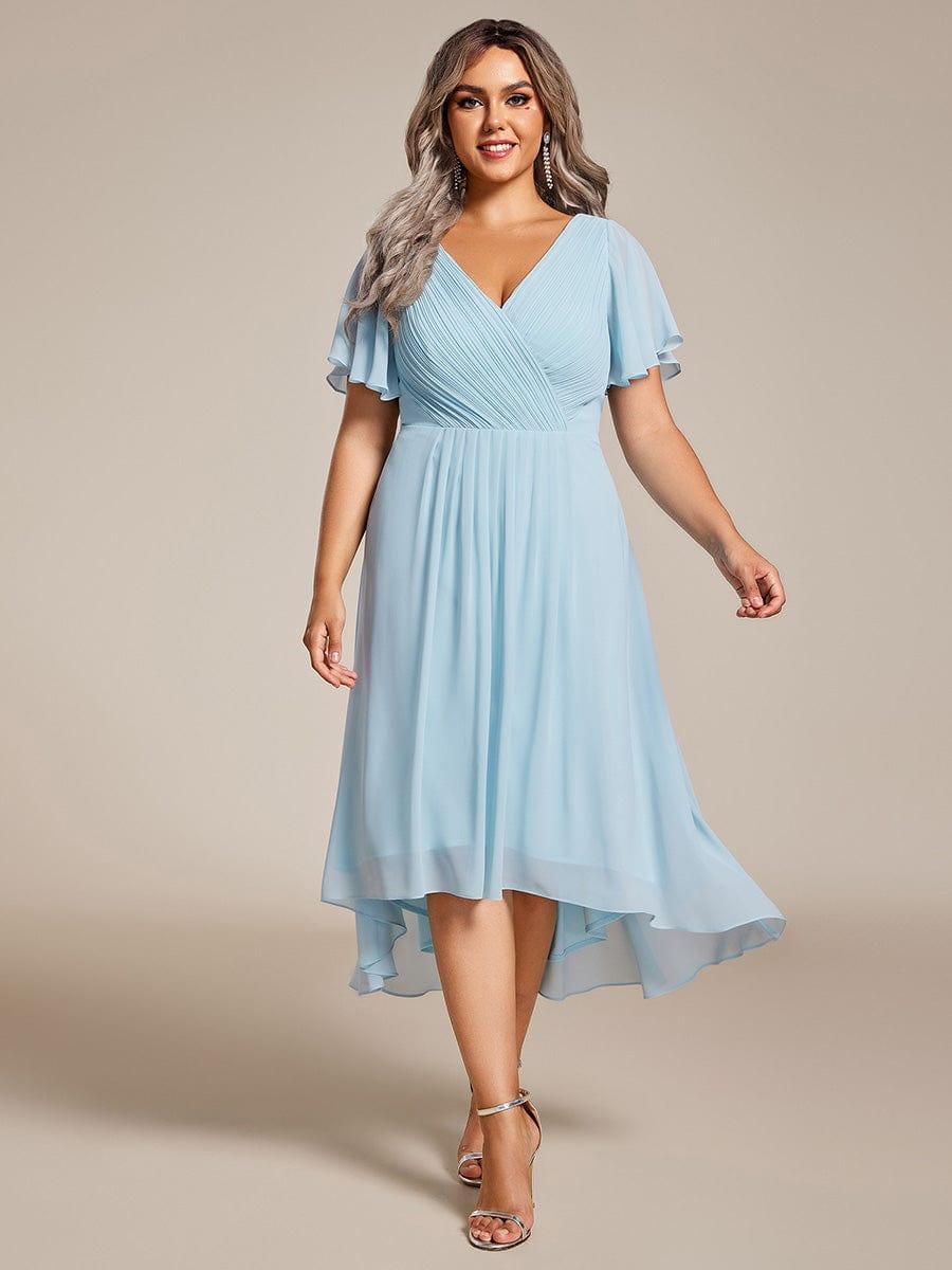 Flieder Vokuhila Sommerkleid mit Kurzarm für Hochzeitsgäste; stilvolles Midi-Damenkleid.