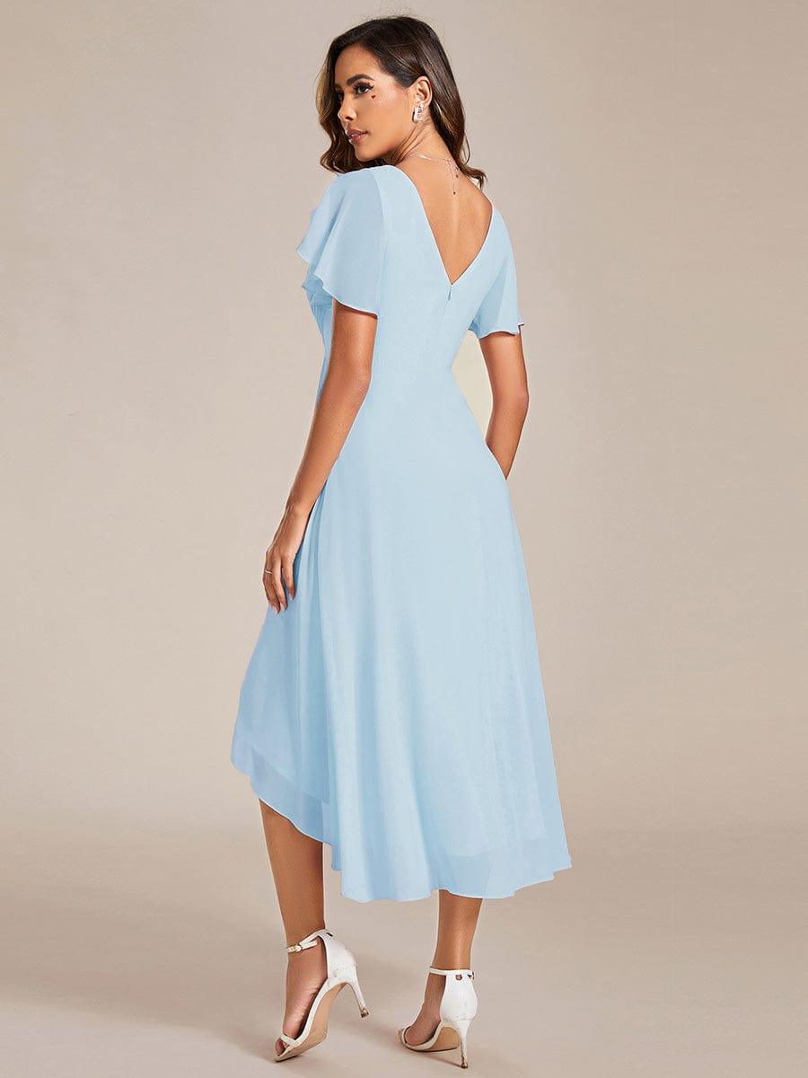 Türkises Vokuhila Sommerkleid mit Kurzarm für Hochzeitsgäste; stilvolles Midi-Damenkleid.