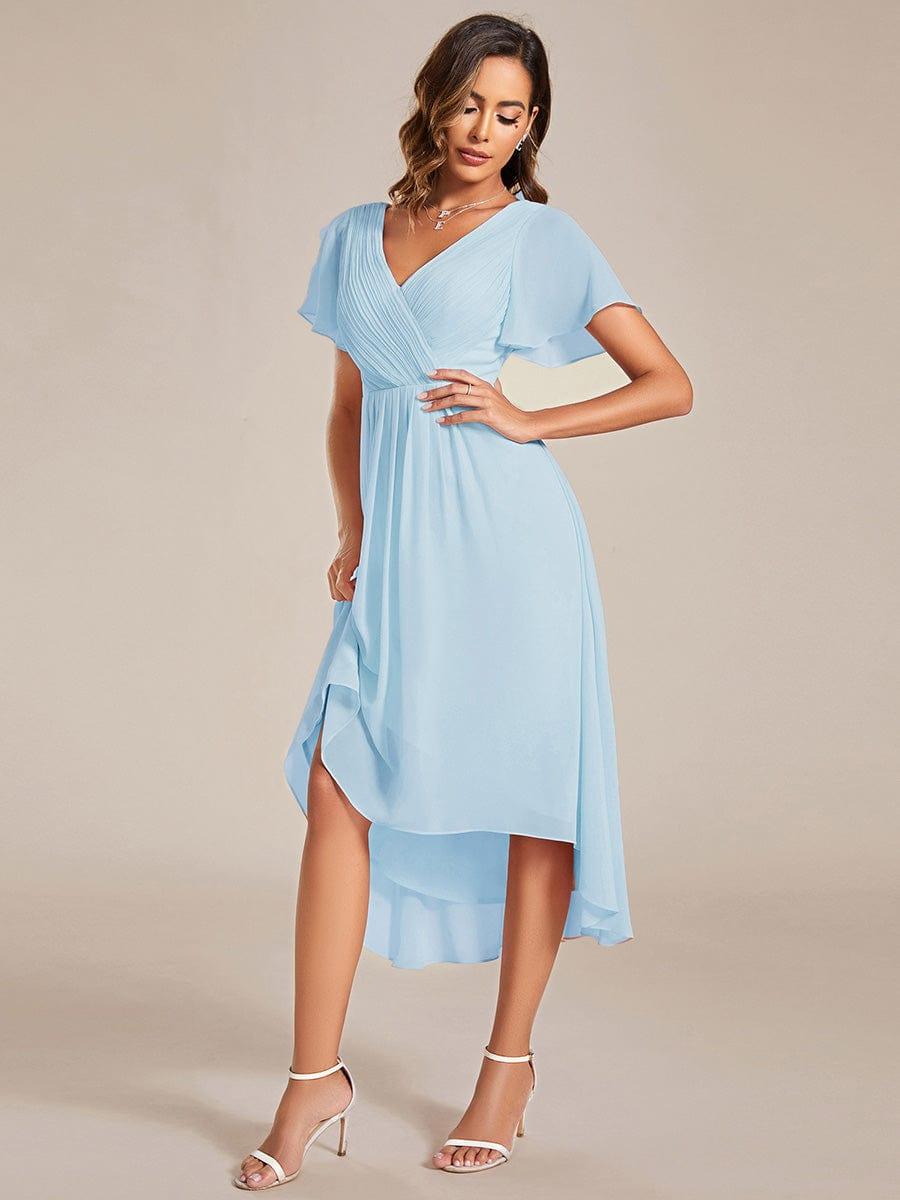 Violettes Vokuhila Sommerkleid mit Kurzarm für Hochzeitsgäste; stilvolles Midi-Damenkleid.