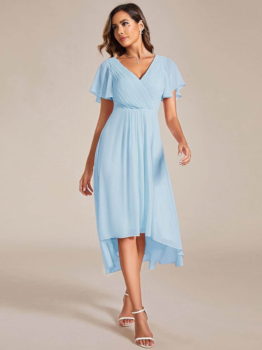 Goldenes Vokuhila Sommerkleid mit Kurzarm für Hochzeitsgäste; stilvolles Midi-Damenkleid.
