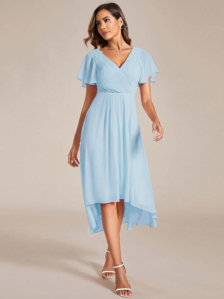 Goldenes Vokuhila Sommerkleid mit Kurzarm für Hochzeitsgäste; stilvolles Midi-Damenkleid.