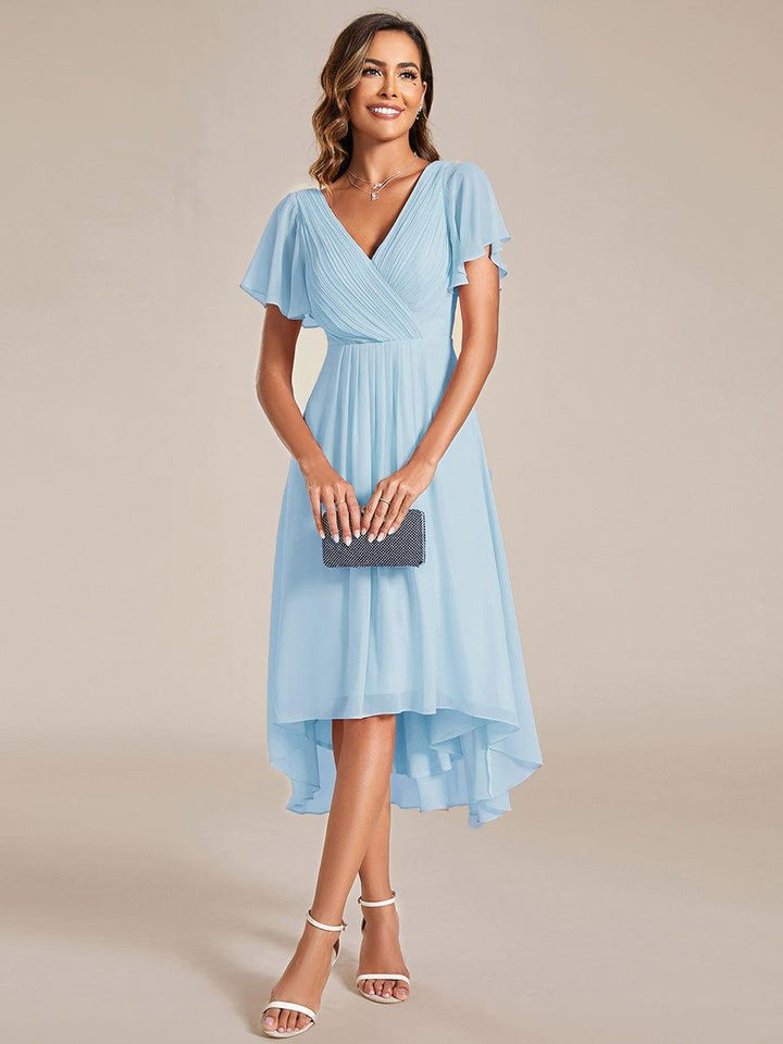 Mintgrünes Vokuhila Sommerkleid mit Kurzarm für Hochzeitsgäste; stilvolles Midi-Damenkleid.
