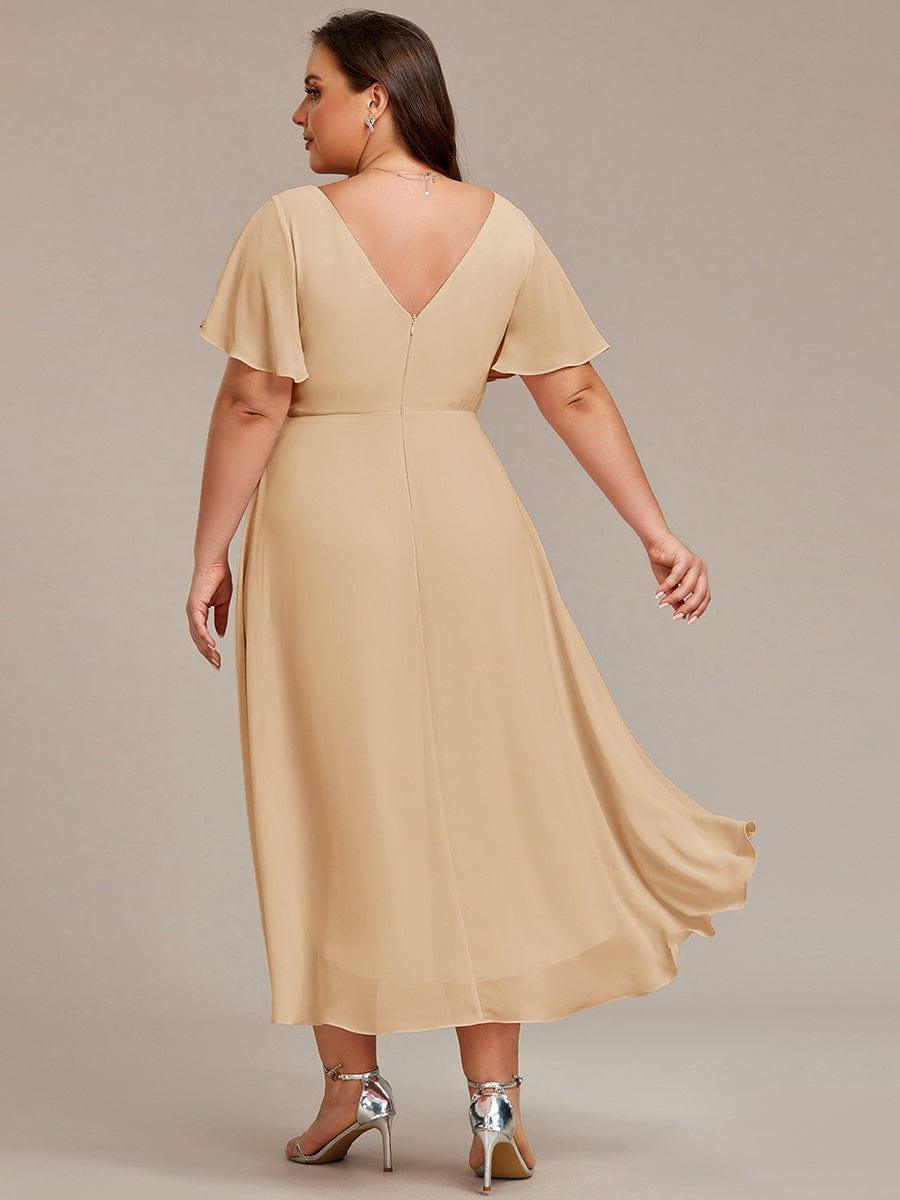 Chices Weinrotes Vokuhila Festkleid für Damen. Midi-Länge, Kurzarm, A-Linie, perfekt für Hochzeiten.