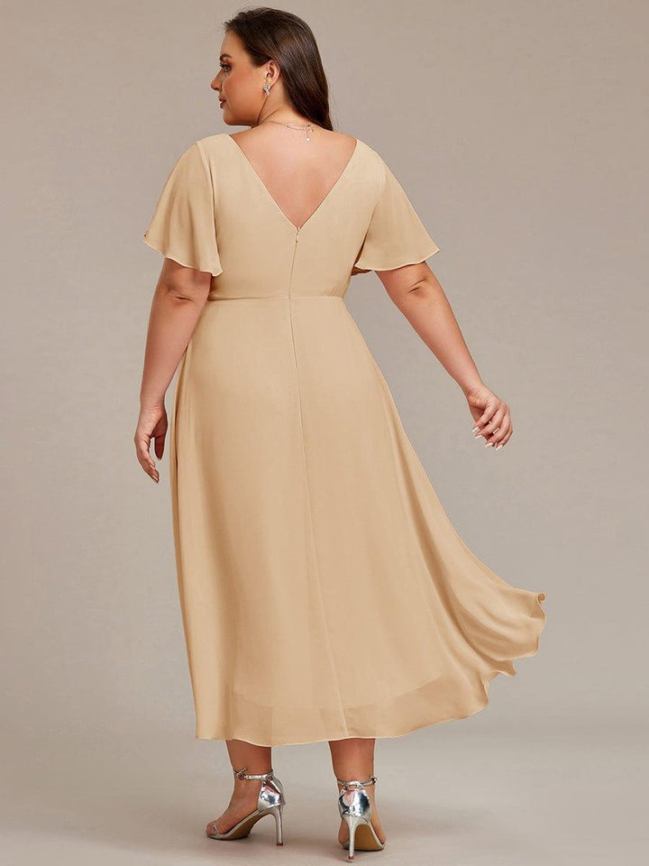 Chices Weinrotes Vokuhila Festkleid für Damen. Midi-Länge, Kurzarm, A-Linie, perfekt für Hochzeiten.