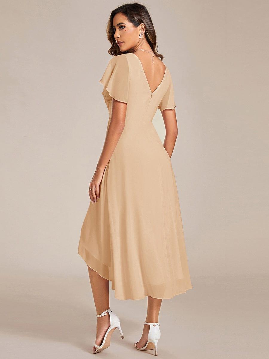 Chices Schwarzes Vokuhila Festkleid für Damen. Midi-Länge, Kurzarm, A-Linie, perfekt für Hochzeiten.