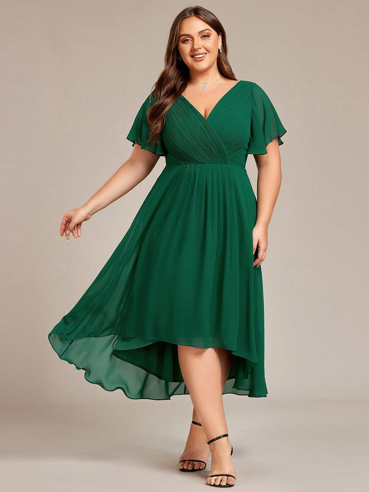 Elegantes Koralle Damen Festkleid, Vokuhila Midi-Länge, A-Linie, Kurzarm; ideal als Brautjungfernkleid.
