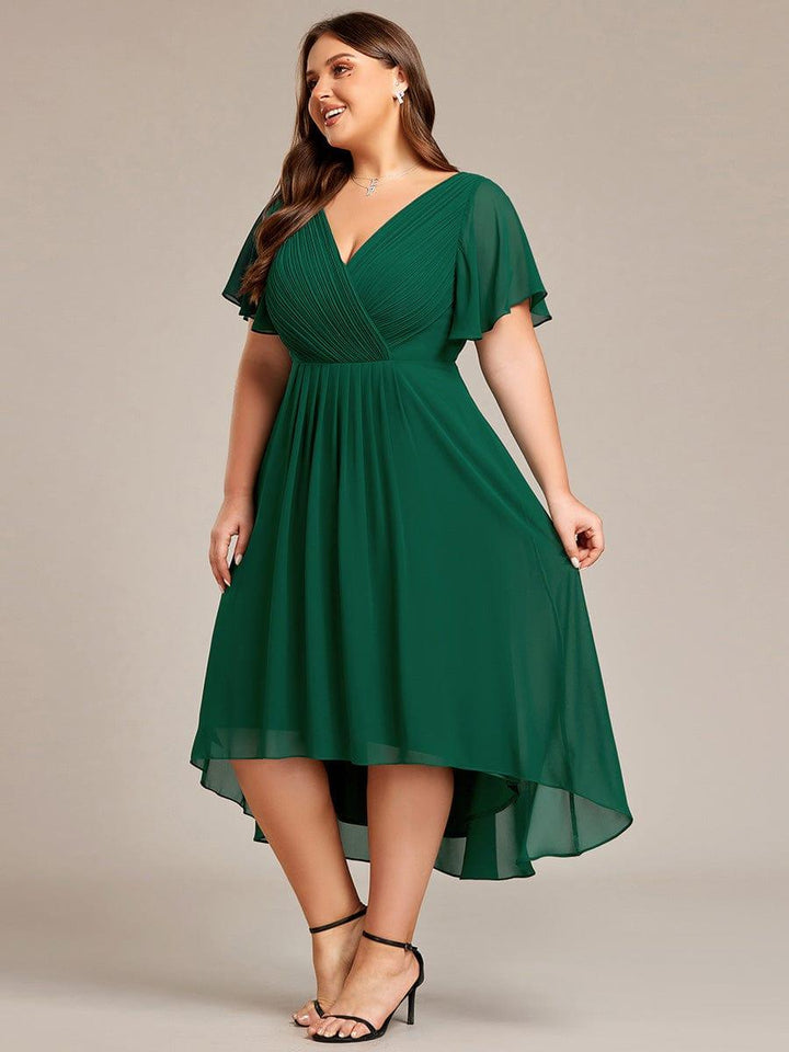 Elegantes Flieder Damen Festkleid, Vokuhila Midi-Länge, A-Linie, Kurzarm; ideal als Brautjungfernkleid.