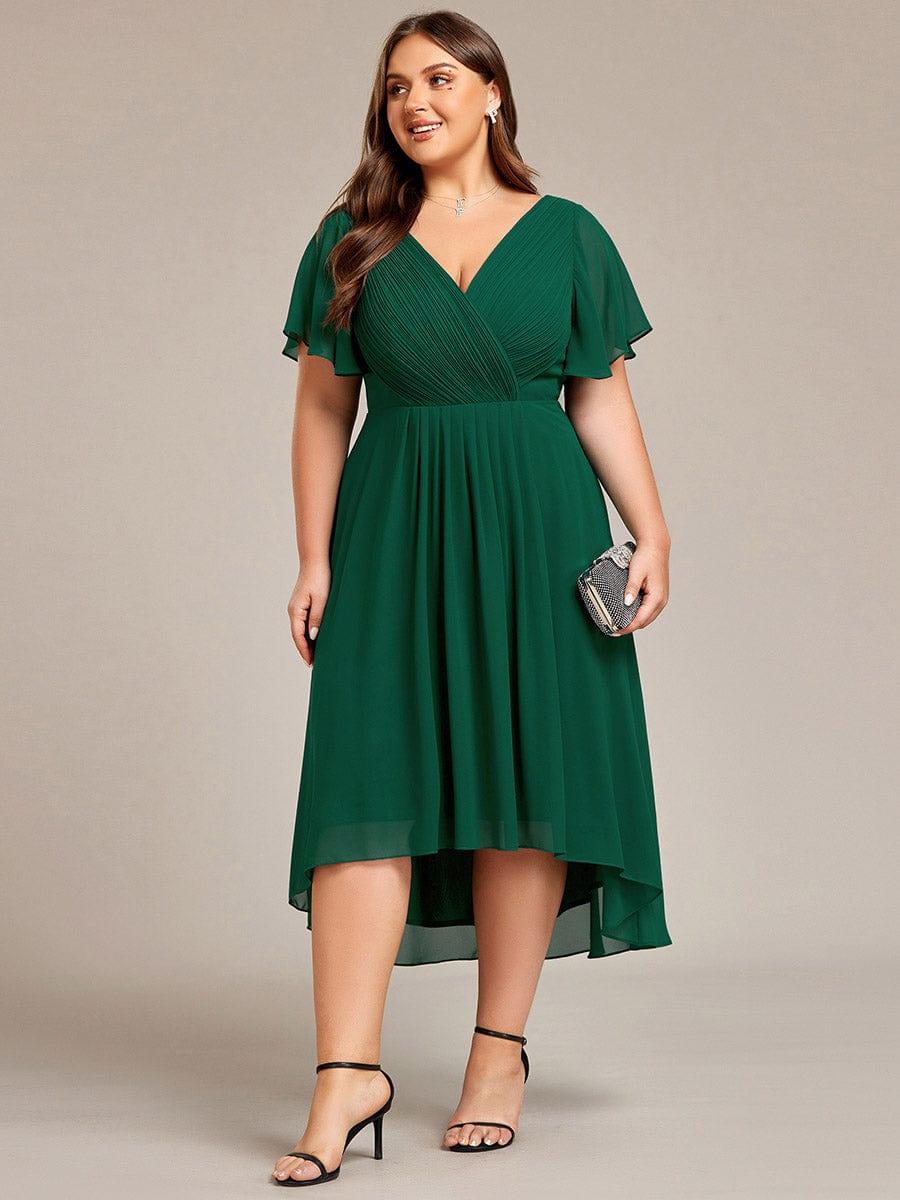 Elegantes Beiges Damen Festkleid, Vokuhila Midi-Länge, A-Linie, Kurzarm; ideal als Brautjungfernkleid.