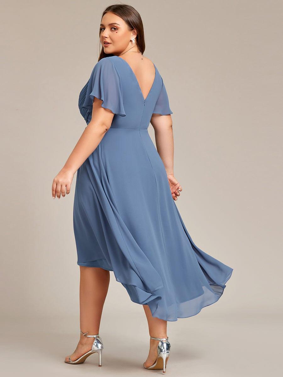 Elegantes Champagnerfarbenes Damen Festkleid, Vokuhila Midi-Länge, A-Linie, Kurzarm; ideal als Brautjungfernkleid.