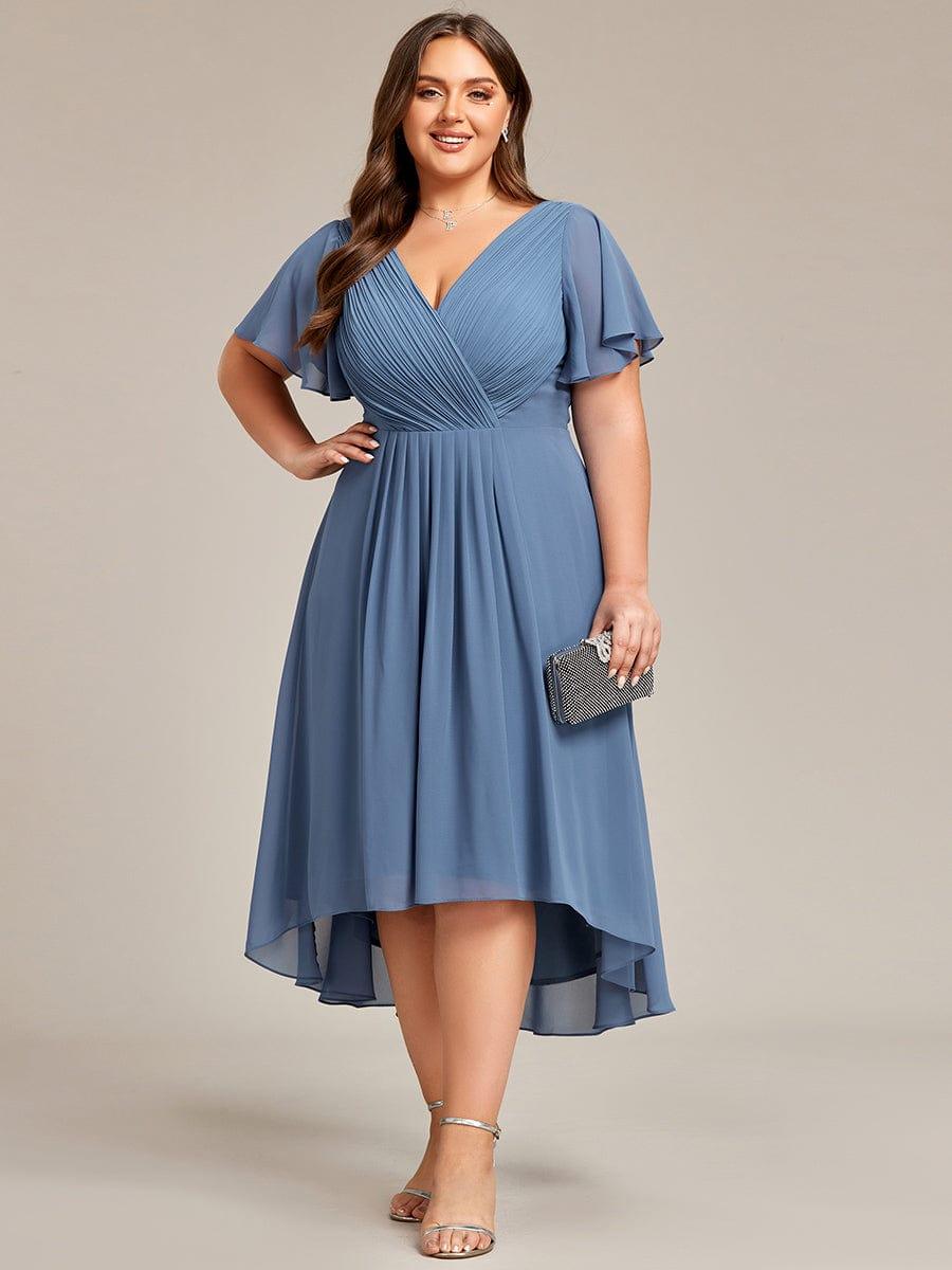 Elegantes Magenta Damen Festkleid, Vokuhila Midi-Länge, A-Linie, Kurzarm; ideal als Brautjungfernkleid.
