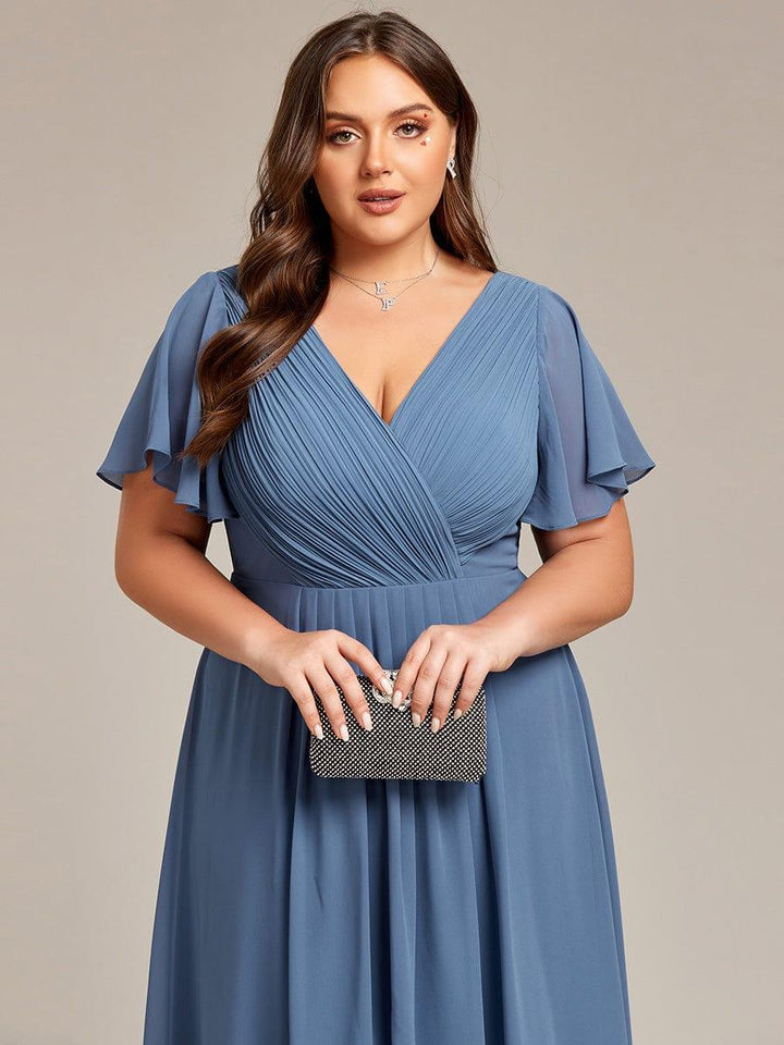 Elegantes Petrolfarbenes Damen Festkleid, Vokuhila Midi-Länge, A-Linie, Kurzarm; ideal als Brautjungfernkleid.