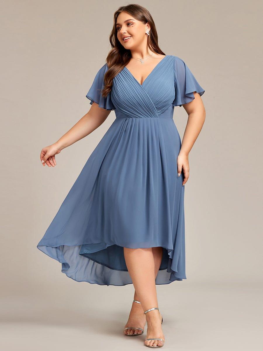 Elegantes Cremefarbenes Damen Festkleid, Vokuhila Midi-Länge, A-Linie, Kurzarm; ideal als Brautjungfernkleid.