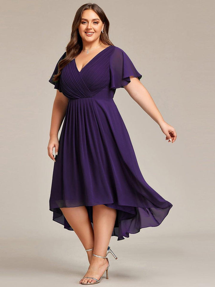 Stilvolles Rotes Damen Abendkleid, Vokuhila-Design, A-Linie, Midi-Länge; glamourös für Feste.