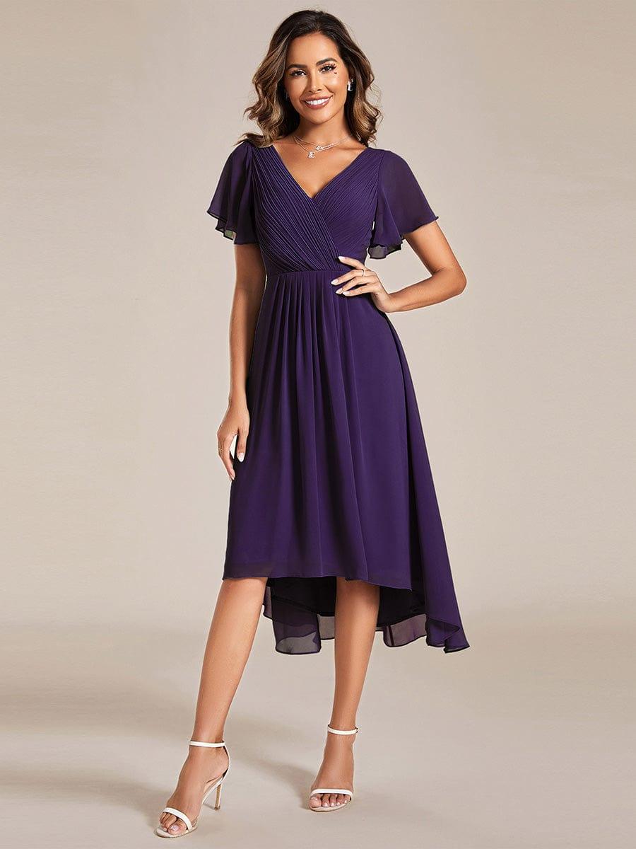 Stilvolles Hellblaues Damen Abendkleid, Vokuhila-Design, A-Linie, Midi-Länge; glamourös für Feste.