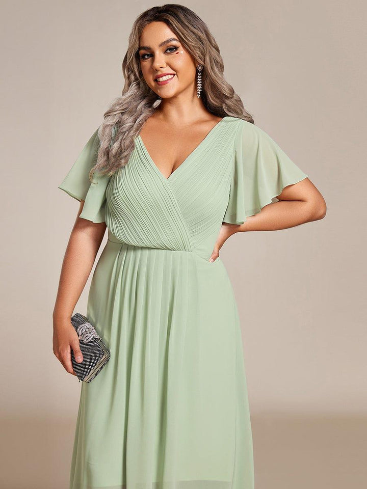 Silbernes Vokuhila Sommerkleid mit Kurzarm für Hochzeitsgäste; stilvolles Midi-Damenkleid.