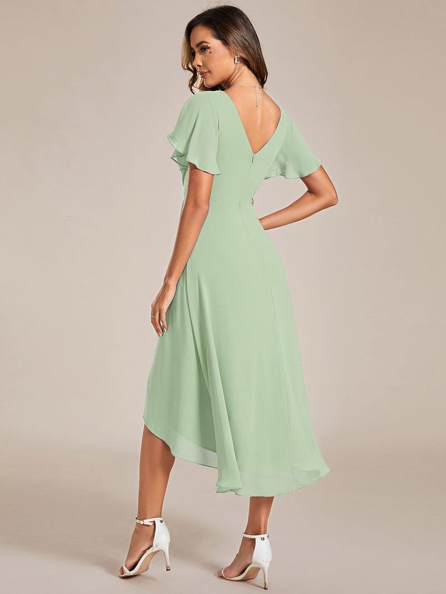 Dunkelblaues Vokuhila Sommerkleid mit Kurzarm für Hochzeitsgäste; stilvolles Midi-Damenkleid.