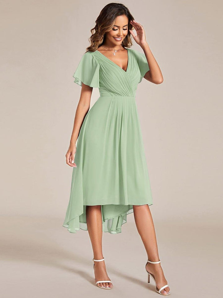 Royalblaues Vokuhila Sommerkleid mit Kurzarm für Hochzeitsgäste; stilvolles Midi-Damenkleid.