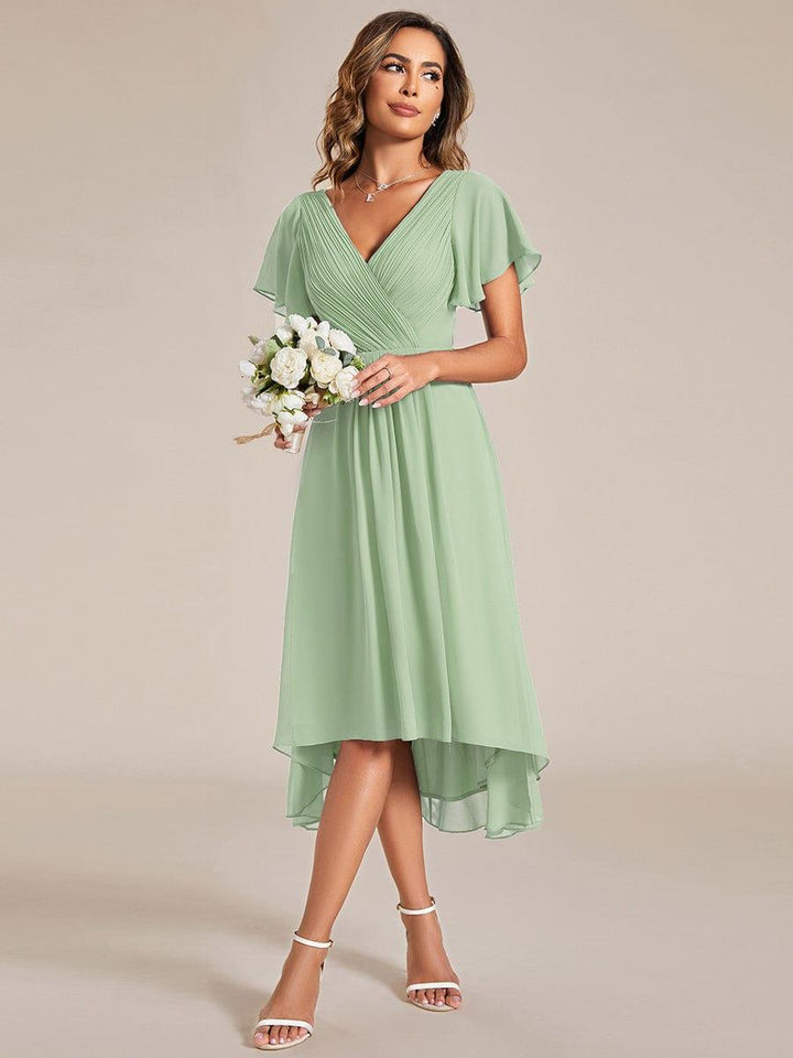 Weinrotes Vokuhila Sommerkleid mit Kurzarm für Hochzeitsgäste; stilvolles Midi-Damenkleid.