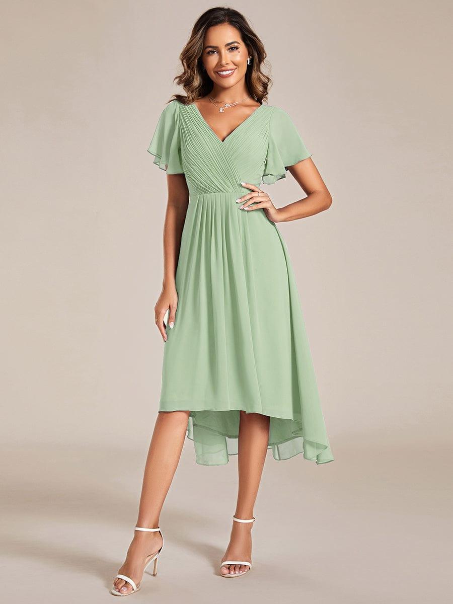 Schwarzes Vokuhila Sommerkleid mit Kurzarm für Hochzeitsgäste; stilvolles Midi-Damenkleid.