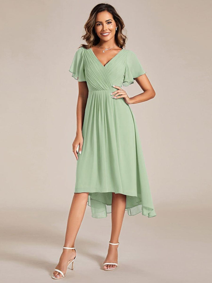 Schwarzes Vokuhila Sommerkleid mit Kurzarm für Hochzeitsgäste; stilvolles Midi-Damenkleid.