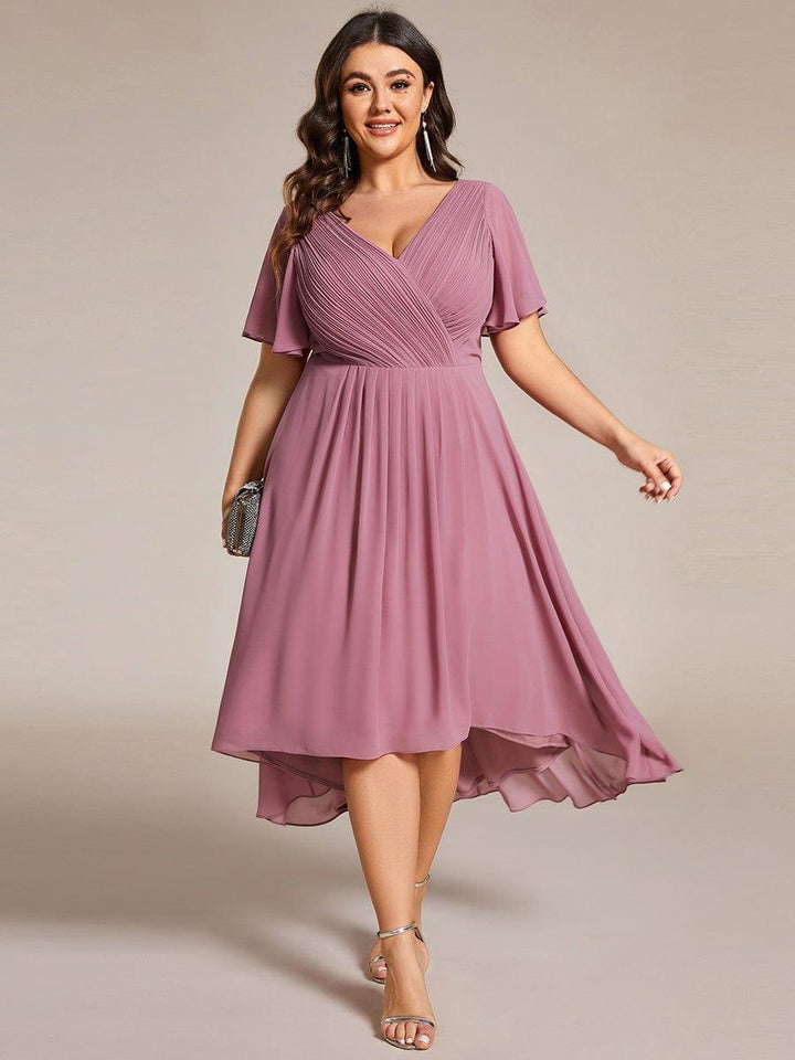 Festliches Violettes Partykleid im Vokuhila-Schnitt, Empire-Taille, A-Linie; perfekt für Anlässe.