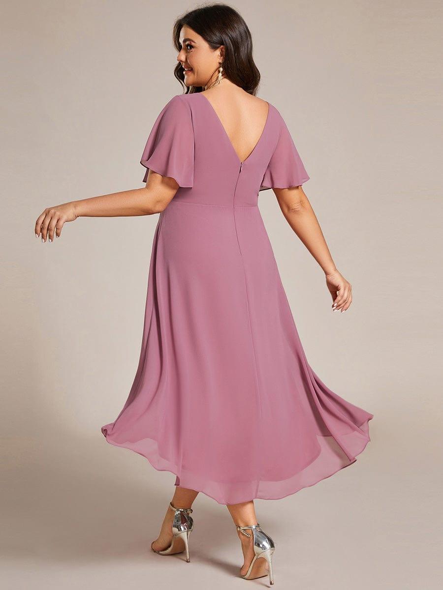 Festliches Flieder Partykleid im Vokuhila-Schnitt, Empire-Taille, A-Linie; perfekt für Anlässe.