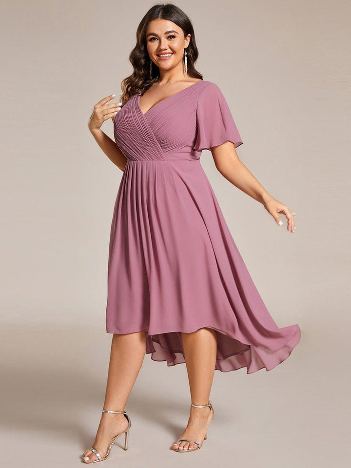 Festliches Champagnerfarbenes Partykleid im Vokuhila-Schnitt, Empire-Taille, A-Linie; perfekt für Anlässe.