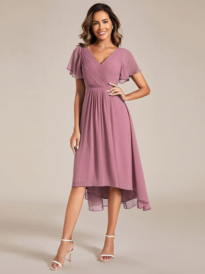 Festliches Silbernes Partykleid im Vokuhila-Schnitt, Empire-Taille, A-Linie; perfekt für Anlässe.