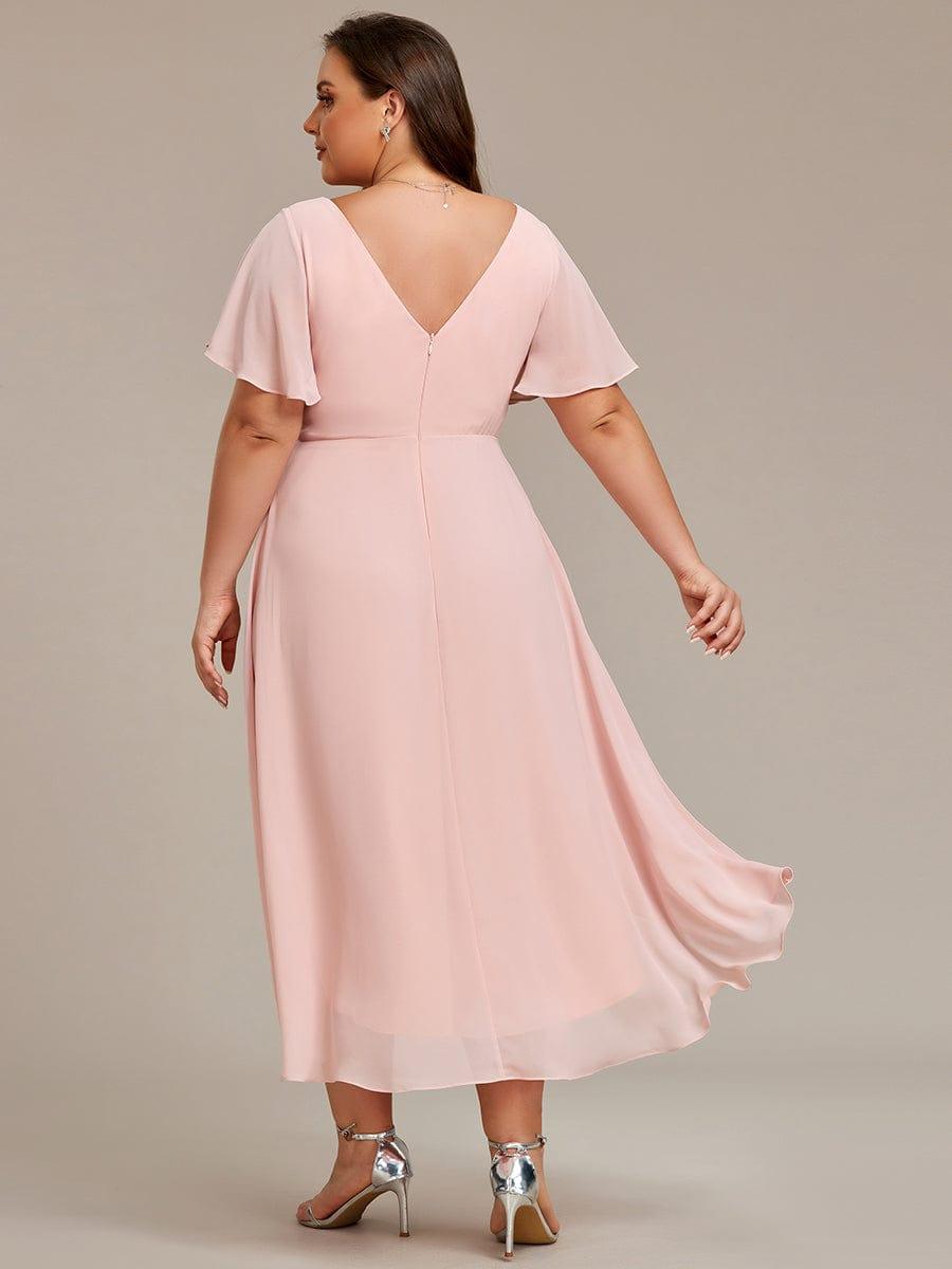 Elegantes Graues Damen Festkleid, Vokuhila Midi-Länge, A-Linie, Kurzarm; ideal als Brautjungfernkleid.