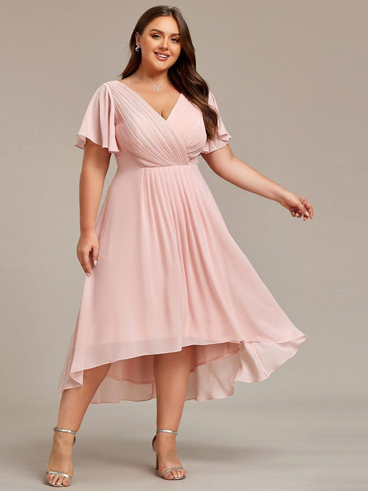 Elegantes Goldenes Damen Festkleid, Vokuhila Midi-Länge, A-Linie, Kurzarm; ideal als Brautjungfernkleid.