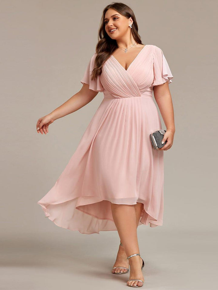Elegantes Puderrosa Damen Festkleid, Vokuhila Midi-Länge, A-Linie, Kurzarm; ideal als Brautjungfernkleid.