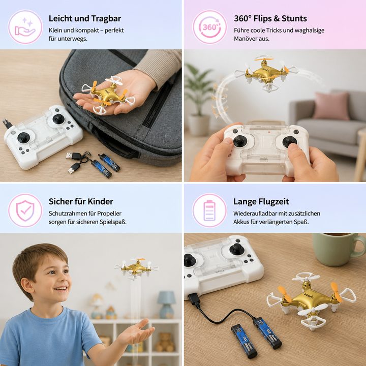 Kind spielt lachend mit einer Mini-Drohne. Fördert Koordination & ist ein tolles Flugspielzeug für Kinder.