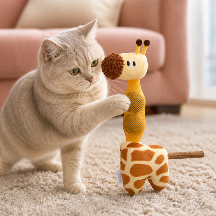 Interaktives Katzenspielzeug Giraffe mit Zahnpflege & Katzenminze für aktiven Spieltrieb.