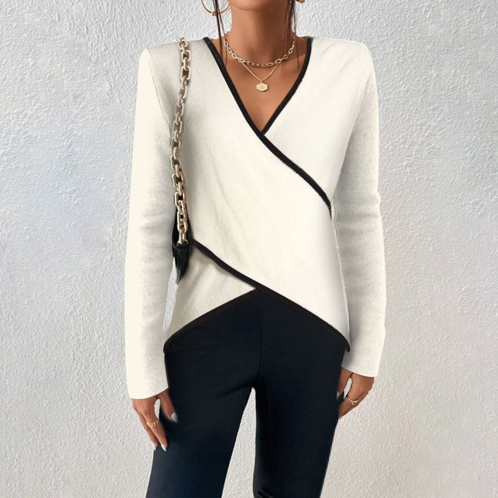 Eleganter Damen Wickelpullover mit V-Ausschnitt. Stilvolles, vielseitiges Oberteil für Freizeit und Mode. Perfekt für den Winter.