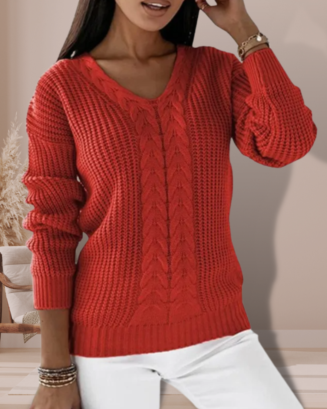 Eleganter Damenpullover mit V-Ausschnitt, Strickmode für Herbst- & Wintertage. Vielseitig und modern.