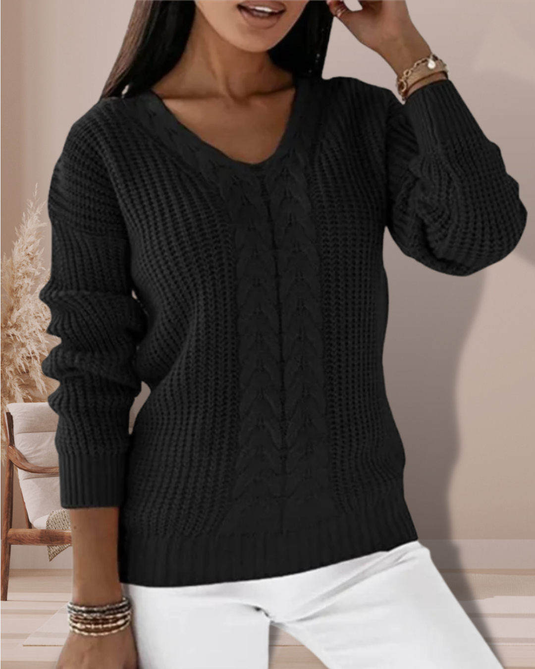 Gemütlicher Damen Strickpullover mit V-Ausschnitt, bequem und modisch. Perfekt für den Alltag und Freizeit.