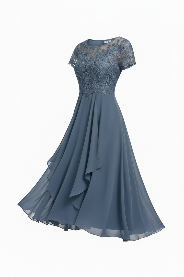 Elegantes Midi-Damenkleid mit filigraner Stickerei, ideal als Hochzeitsgastkleid oder Festkleid für besondere Anlässe.