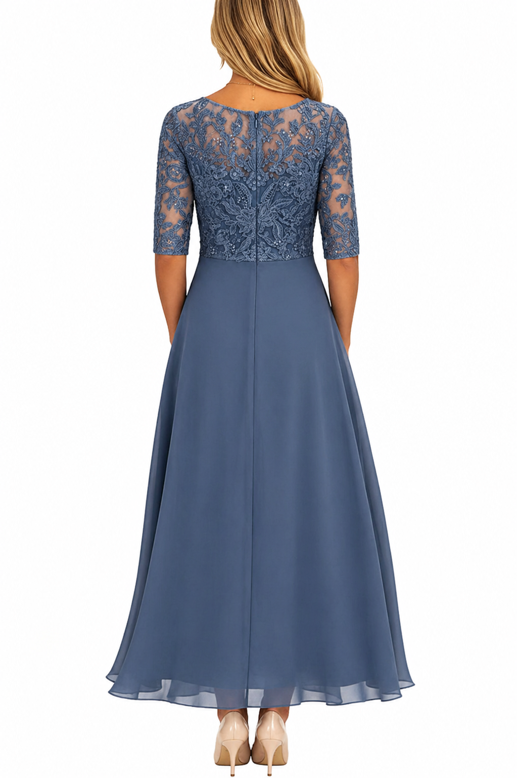 Nahaufnahme der feinen Stickerei am eleganten Midi-Kleid für Damen, perfekt als Abendkleid oder Hochzeitsgastkleid.