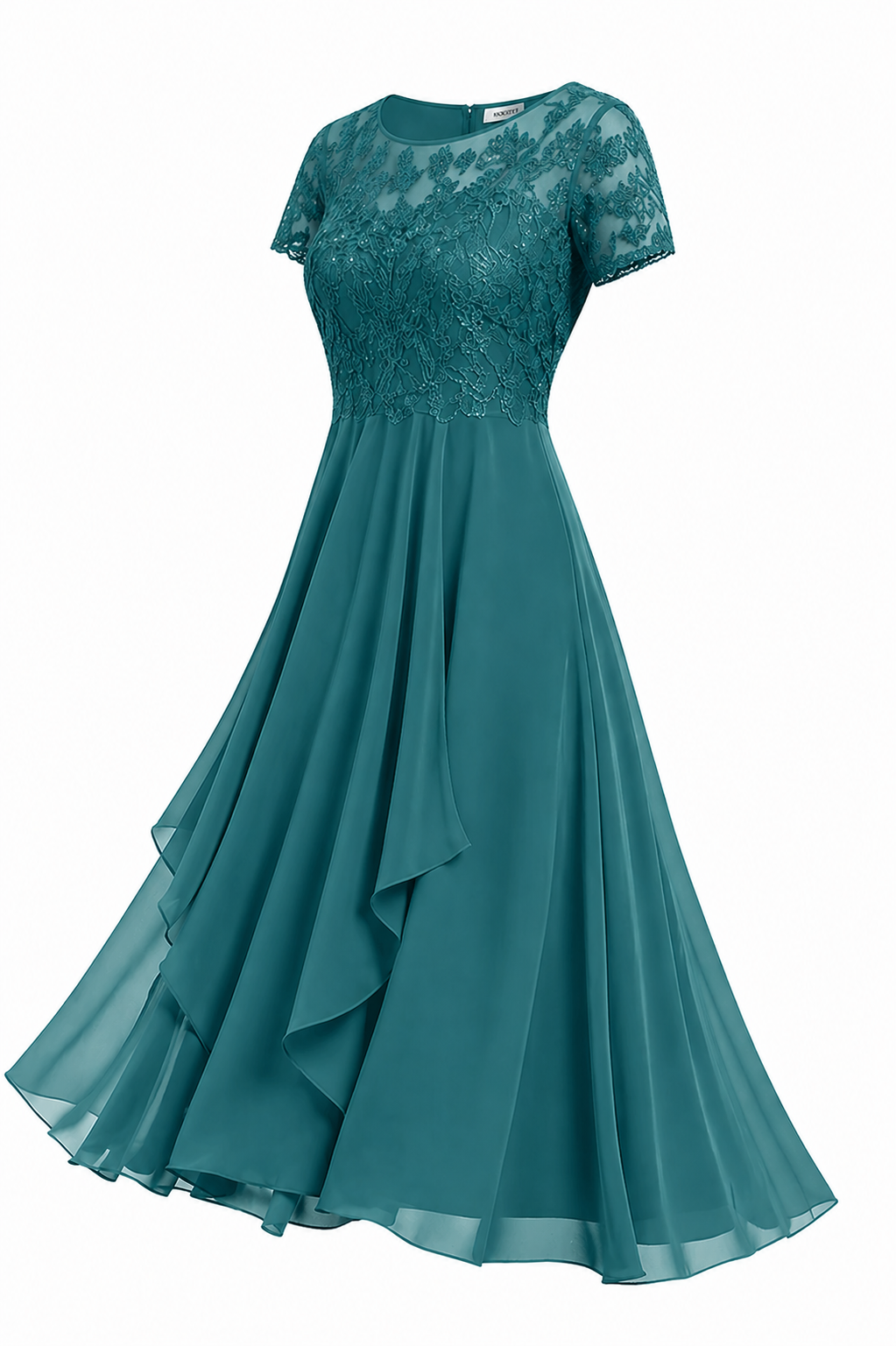 Stoffdetails des eleganten Midi-Kleides mit zarter Stickerei. Ein stilvolles Damen Hochzeitsgastkleid & Partykleid.