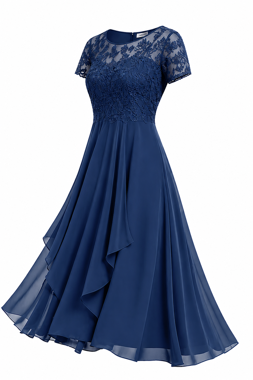 Modische Frau präsentiert elegantes Midi-Damenkleid mit Stickerei. Perfekt als Hochzeitsgast- & Anlasskleid.