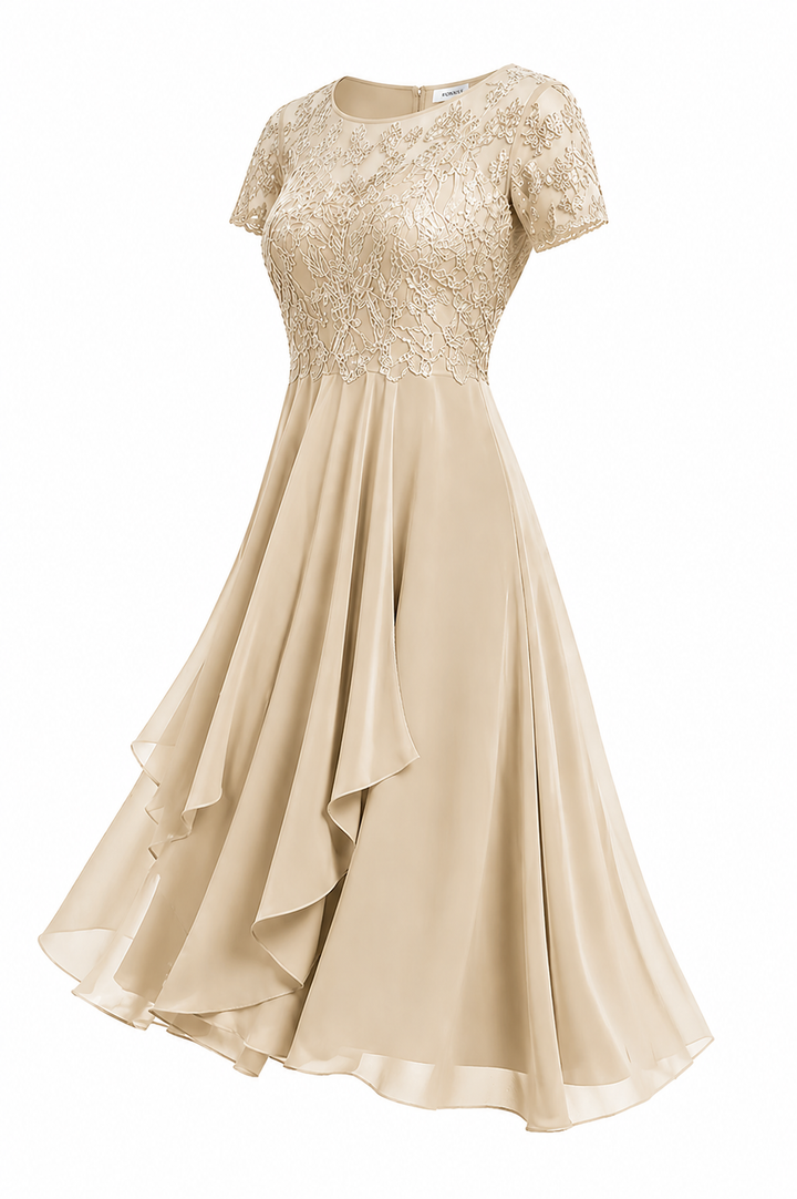 Elegantes Damen Midi-Kleid mit feiner Stickerei, passend als Hochzeitsgastkleid oder schickes Anlasskleid.