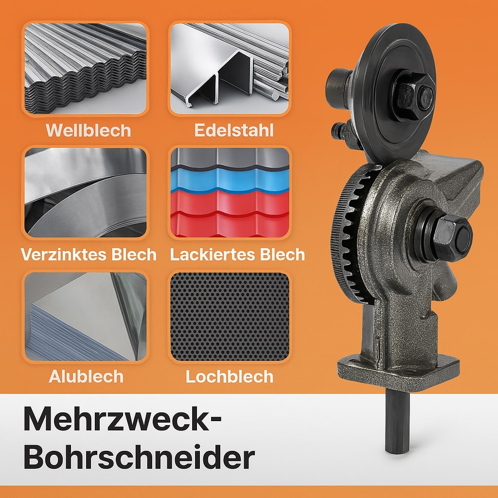 Bohrmaschinen-Metallschere im Einsatz, schneidet Blech präzise. Vielseitiger Metallschneider-Aufsatz.