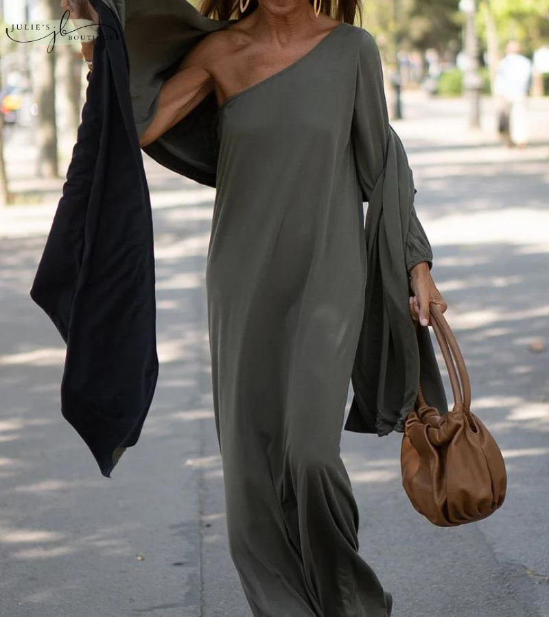 Grünes, fließendes Damen Maxikleid, elegant & bequem. Ideal als Sommer-, Büro- oder festliches Abendkleid.