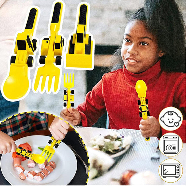 Komplettes Kindergeschirr-Set: Teller, Gabel, Löffel & Schieber im Baustellen-Look. Fördert selbstständiges Essen.